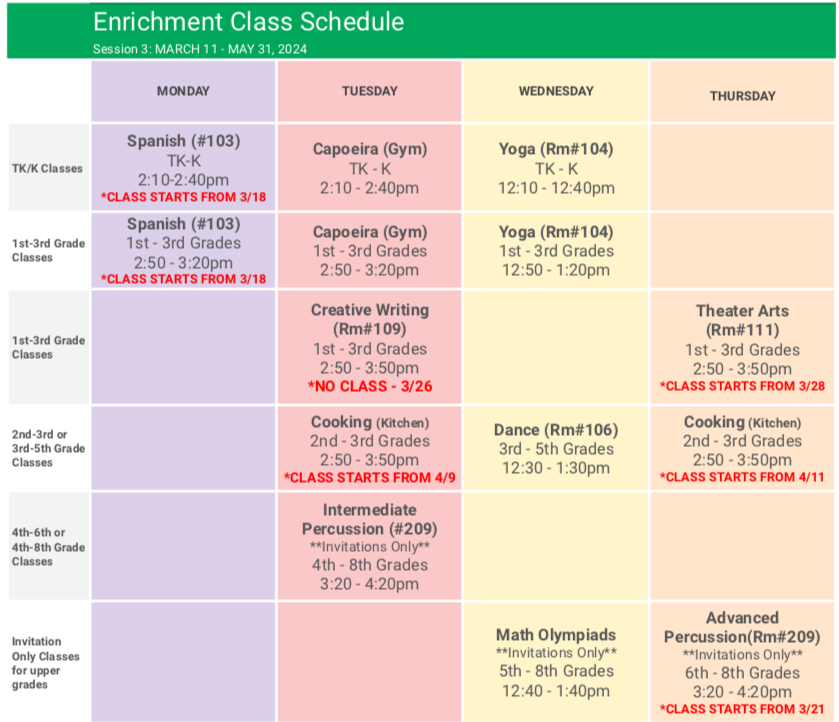 23-24 Enrichment Class Schedule- Session 3