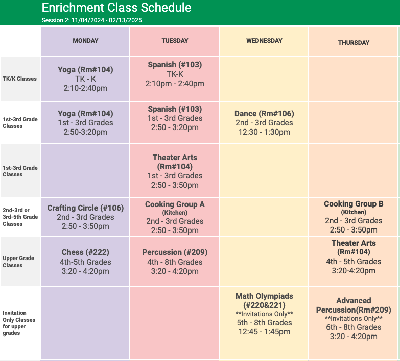 24-25 Enrichment Class Schedule- Session 2 Updated